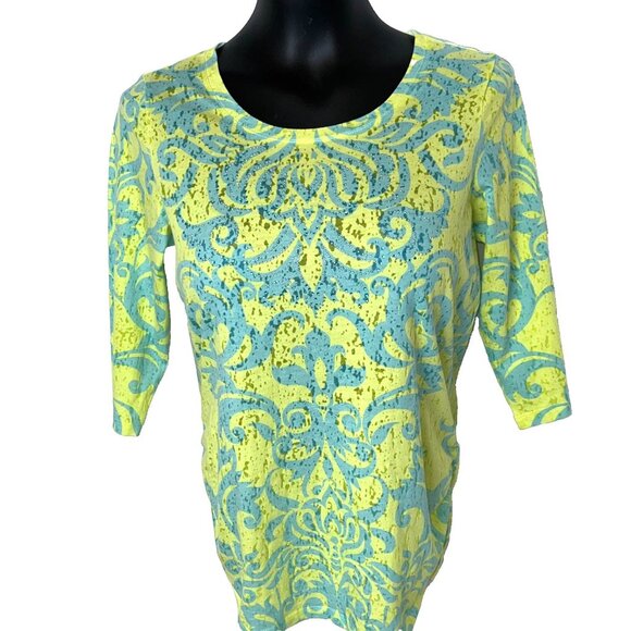 B.L.E.U. - Women's PL Tunic Yellow Blue Brocade Print Burnout with Blue Sparkles - Picture 1 of 12